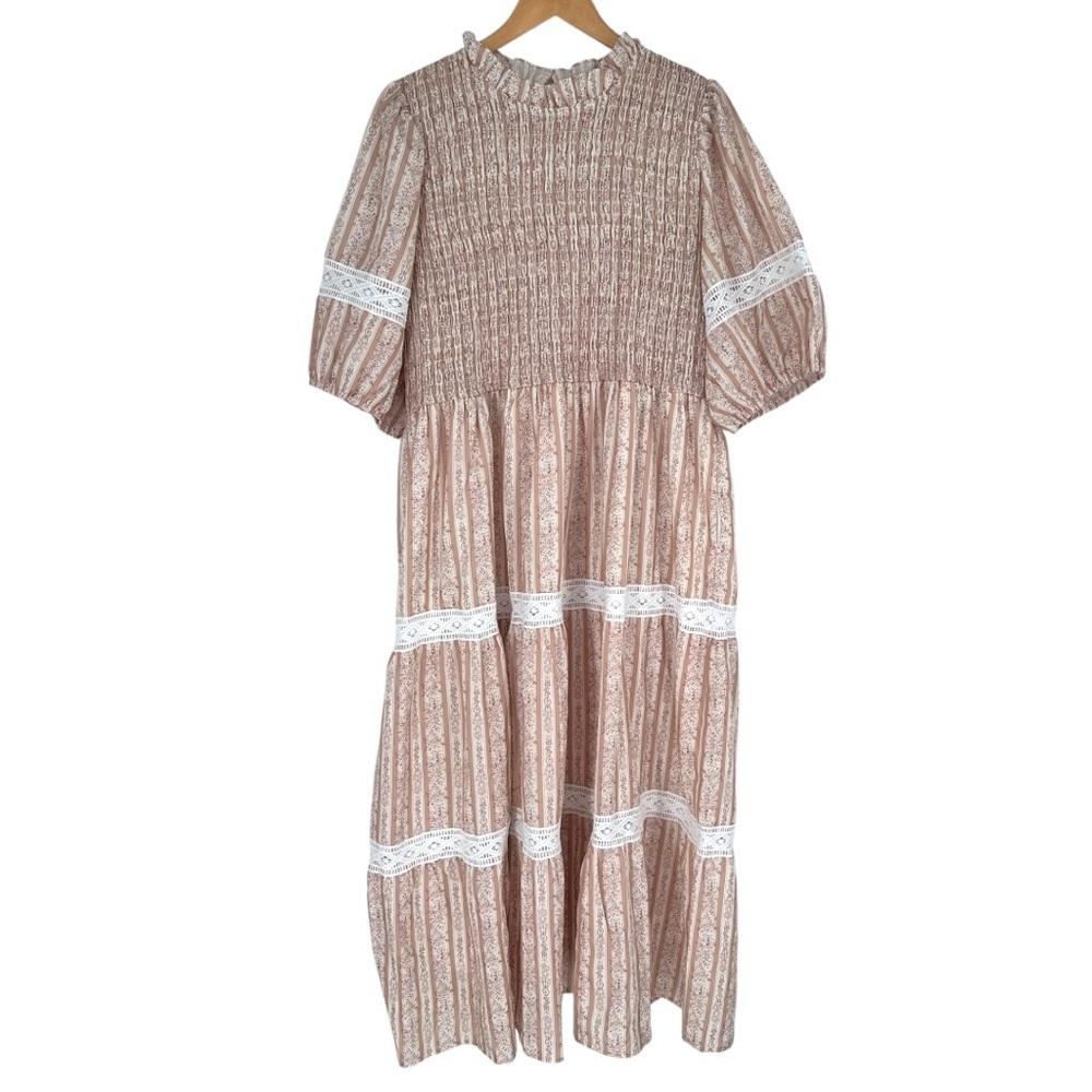 Polagram Camel Striped Eyelet Lace Maxi Dress size 2X Smocked Ruffle High Neck